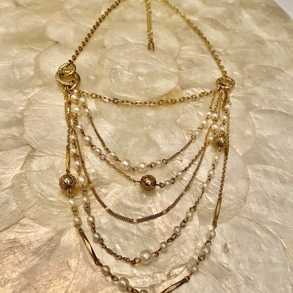 Gold Tone and Pearl Multi Strand 1928 Necklace - Picture 2 of 11